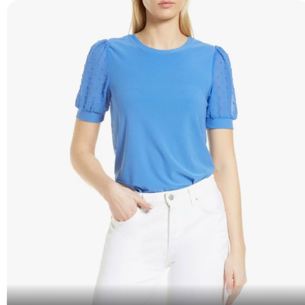 CeCe Sheer Sleeve Blue Knit Short Sleeve Top